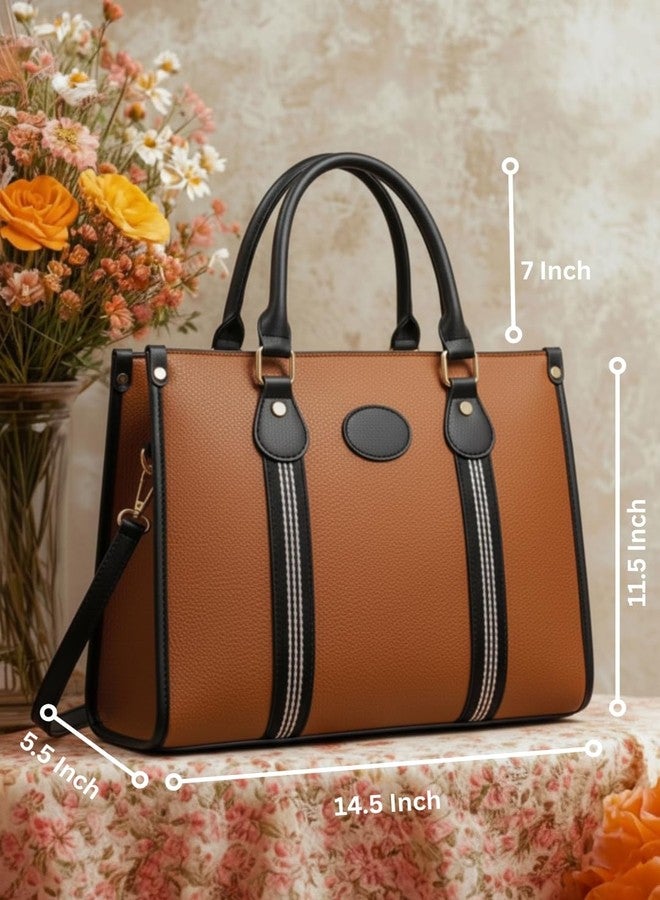 LIKE STYLE Women’s PU Laptop Shoulder Bag | Stylish Office Tote Handbag with Detachable Sling | Fits 14-inch Laptop | Vertical Webbing Design | Work, College & Travel Bag (Tan) - Image 5