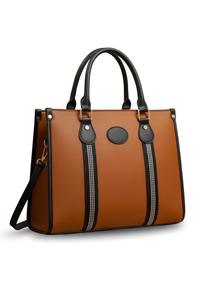 LIKE STYLE Women’s PU Laptop Shoulder Bag | Stylish Office Tote Handbag with Detachable Sling | Fits 14-inch Laptop | Vertical Webbing Design | Work, College & Travel Bag (Tan) - Image 1