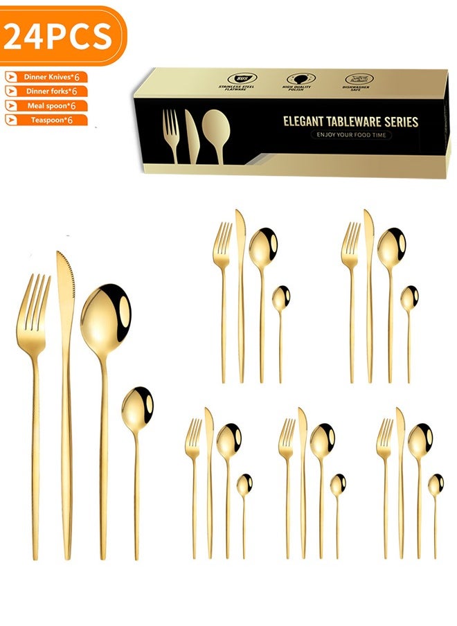 wowofa 24-Piece Modern Silverware Set, Stainless Steel Flatware Cutlery Set, Elegant Kitchen Utensils， Service for 6 Includes Dinner Knives/Spoons/Forks/Coffee spoon/golden，Mirror Polished, Dishwasher Safe  - Image 2