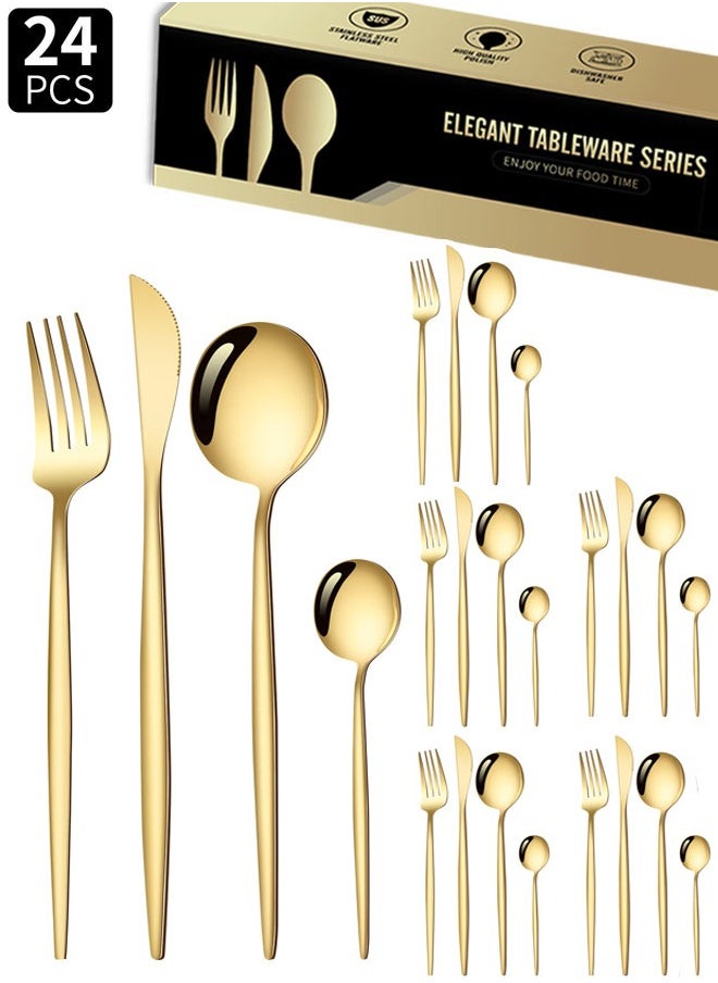 wowofa 24 piece cutlery set, Stainless steel flat tableware, for 6,Western Tableware Suitable For Home Kitchen Restaurant Hotel Party Dining Picnic Dining, Include Spoons, Fork, Knife,Coffee spoon， Mirror Finish, Dishwasher Safe（GOLD）  - Image 1