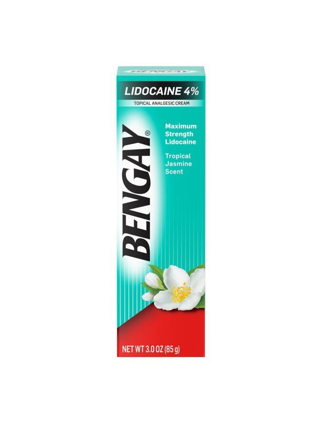 Bengay Pain Relieving Lidocaine Cream, Non-Greasy Topical Analgesic Cream with The Maximum Strength Numbing Relief of 4% Lidocaine HCl, Pleasant and Soothing Tropical Jasmine Scent, 3 oz - Image 1