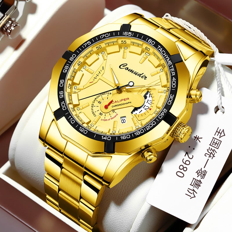 Mens Auto Calendar Waterproof Luminous Quartz Watch Black rigid gold shell [steel strip]]