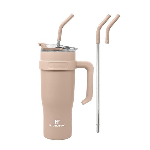 HYDRAFLOW Capri  40oz Tumbler with Straw and Handle  Triple Wall Vacuum Insulated Tumbler  Insulated Smoothie Cup  Stainless Steel Tumbler  Reusable Tumbler with Lid  Clay