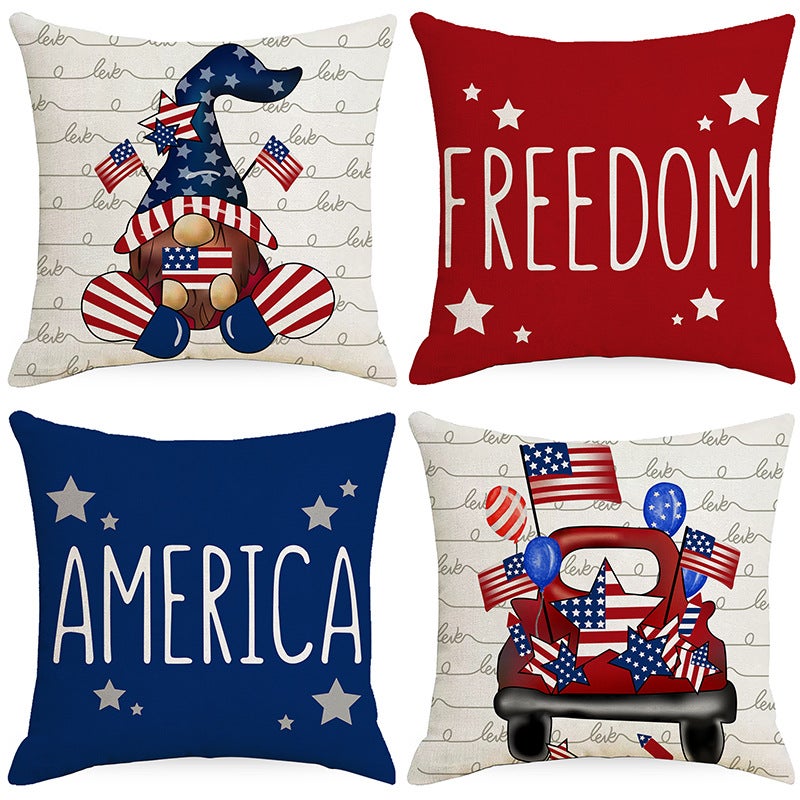 Independence Day Pillow Case Red and Blue Stripesd Letters Colorful Printed Sofa Square Pillow Case Without Core - Image 1