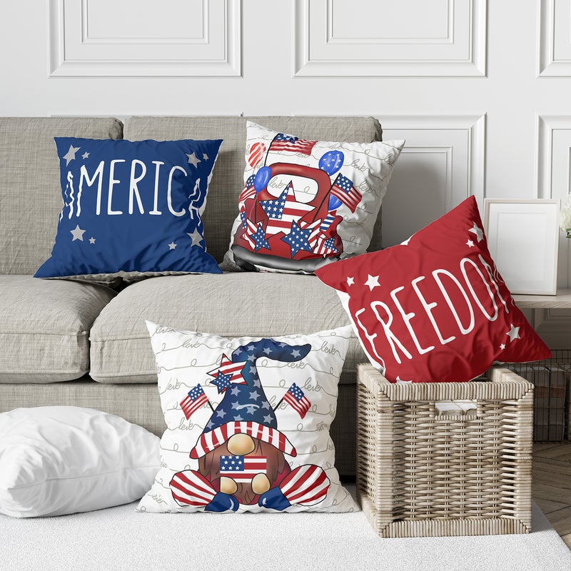 Independence Day Pillow Case Red and Blue Stripesd Letters Colorful Printed Sofa Square Pillow Case Without Core - Image 4
