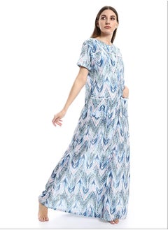Andora Multi-Patterned Short Sleeves Nightgown - Shades Of Blue_Multicolour  - Image 2