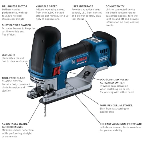 BOSCH GST18V60BCN 18V Brushless Connected BarrelGrip Jig Saw 3800 SPM LED Light Toolfree Blade Change Bare Tool - Image 3