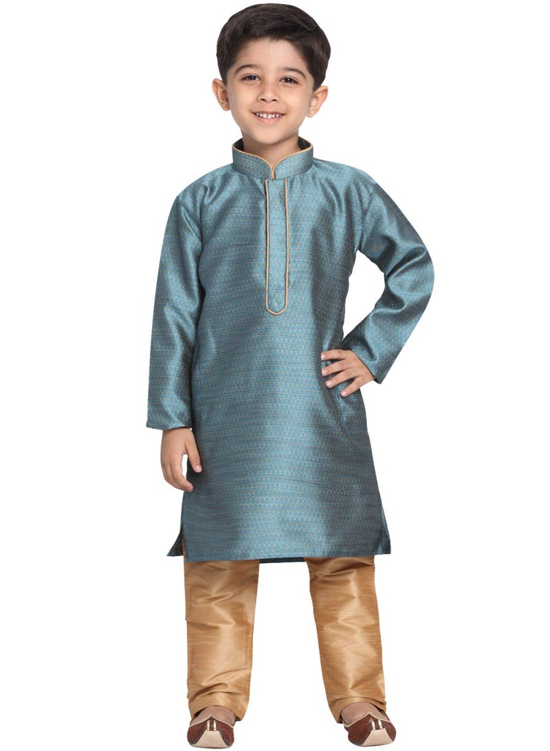 JBN Creation Boys' Azure and Rose Gold Silk Blend Kurta and Pyjama Set (VASBK047AQnPRG, for 5-6 Years) - Image 1