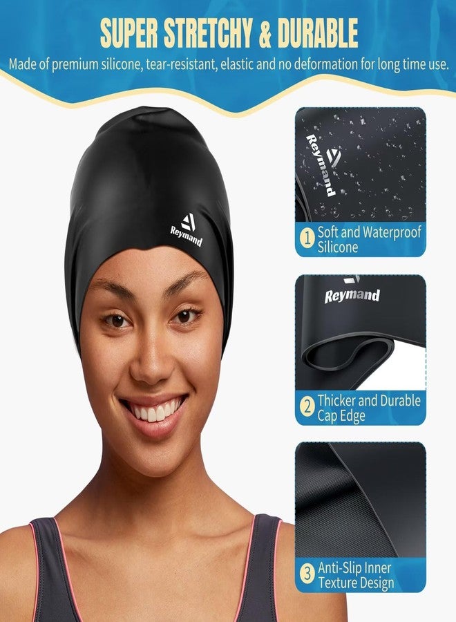 Reymand 2 Pack Extra Large Swim Cap for Braids and Dreadlocks, Silicone Swimming Caps for Long Hair, Weaves, Extensions, Curls & Afros, Waterproof Adult Swim Hats Bathing Caps for Women Men(Black+Rose Red) - Image 2