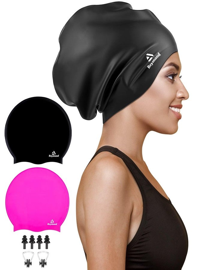 Reymand 2 Pack Extra Large Swim Cap for Braids and Dreadlocks, Silicone Swimming Caps for Long Hair, Weaves, Extensions, Curls & Afros, Waterproof Adult Swim Hats Bathing Caps for Women Men(Black+Rose Red) - Image 1
