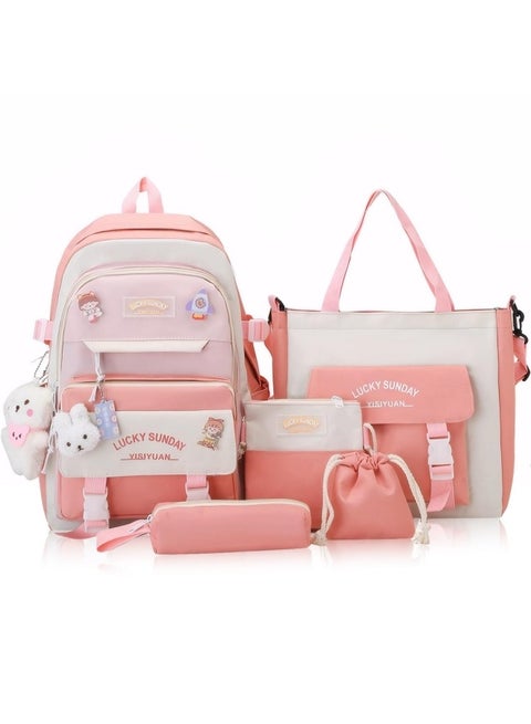 حقيبة مدرسية للبنات، مجموعة من 5 حقائب ظهر، حقيبة ظهر كاواي للأطفال للمدرسة، حقيبة ظهر لطيفة للأطفال من القماش مع زينة دب لطيف وشعارات باللون الوردي