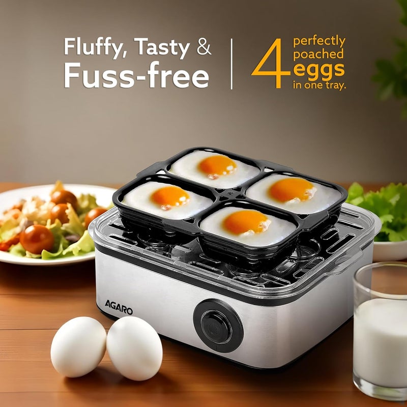 AGARO Grand Egg Boiler and Poacher2in1 Boils 8 Eggs Poach 4 Eggs Steamed Vegetables 3 Boiling Modes Stainless Steel Body Transparent Lid 500 Watts Silver 14 Ounces414 ml - Image 4