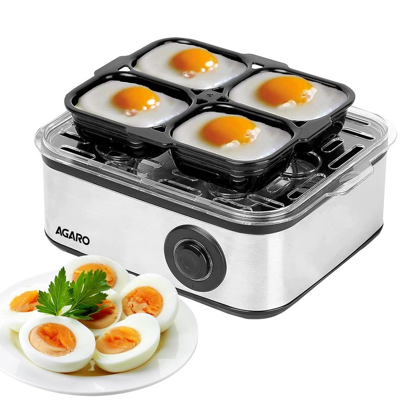 AGARO Grand Egg Boiler and Poacher2in1 Boils 8 Eggs Poach 4 Eggs Steamed Vegetables 3 Boiling Modes Stainless Steel Body Transparent Lid 500 Watts Silver 14 Ounces414 ml - Image 1