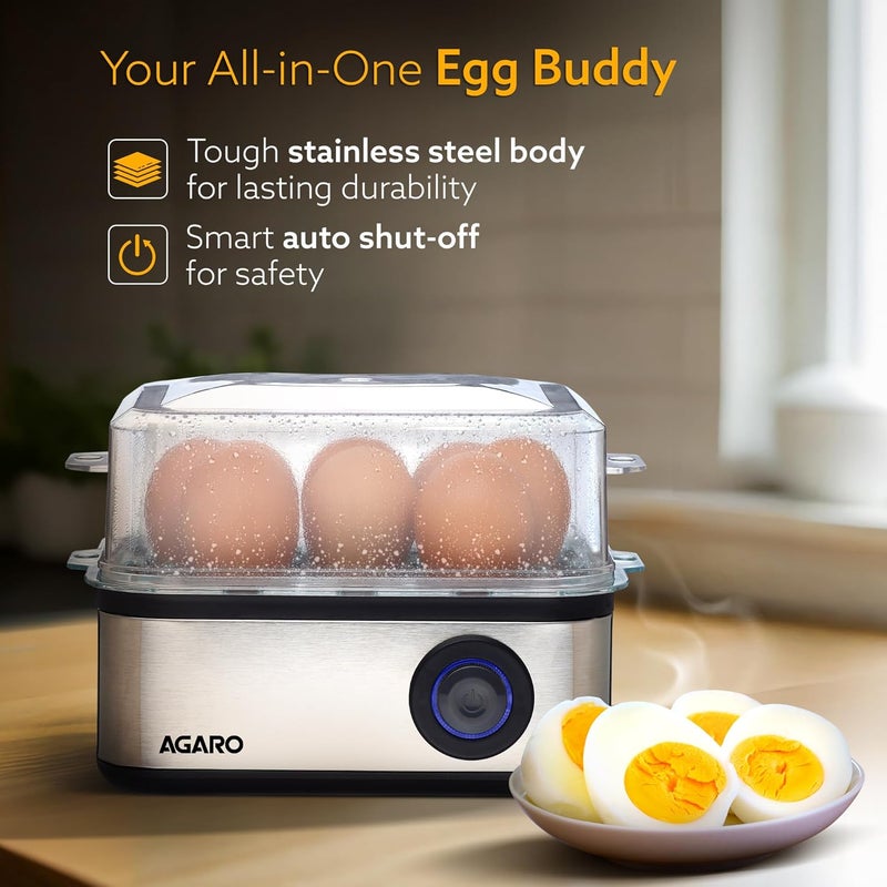 AGARO Grand Egg Boiler and Poacher2in1 Boils 8 Eggs Poach 4 Eggs Steamed Vegetables 3 Boiling Modes Stainless Steel Body Transparent Lid 500 Watts Silver 14 Ounces414 ml - Image 2