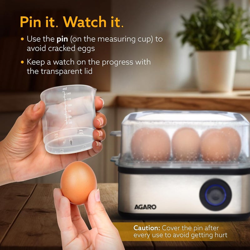 AGARO Grand Egg Boiler and Poacher2in1 Boils 8 Eggs Poach 4 Eggs Steamed Vegetables 3 Boiling Modes Stainless Steel Body Transparent Lid 500 Watts Silver 14 Ounces414 ml - Image 5