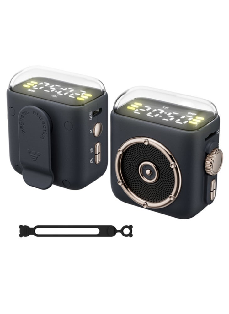 مكبر صوت مغناطيسي محمول مع ضوء ليلي وساعة وجهاز صوتي 5.3 متوافق مع البلوتوث ومشبك خلفي - رمادي غامق - Image 1