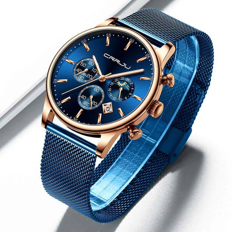 CRRJU Men's Blue Date Quartz Watches Fashion Casual Waterproof 30M Stainless Steel Watch for Men with Mesh Strap - Image 3