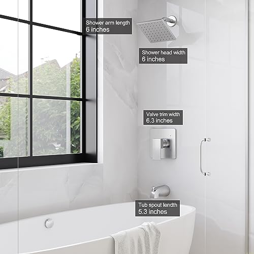 Esnbia Shower Tub Kit, Tub and Shower Faucet Set（Valve Included) with 6-Inch Rain Shower Head and Tub Spout, Single-Handle Tub and Shower Trim Kit,Brushed Nickel - Image 3