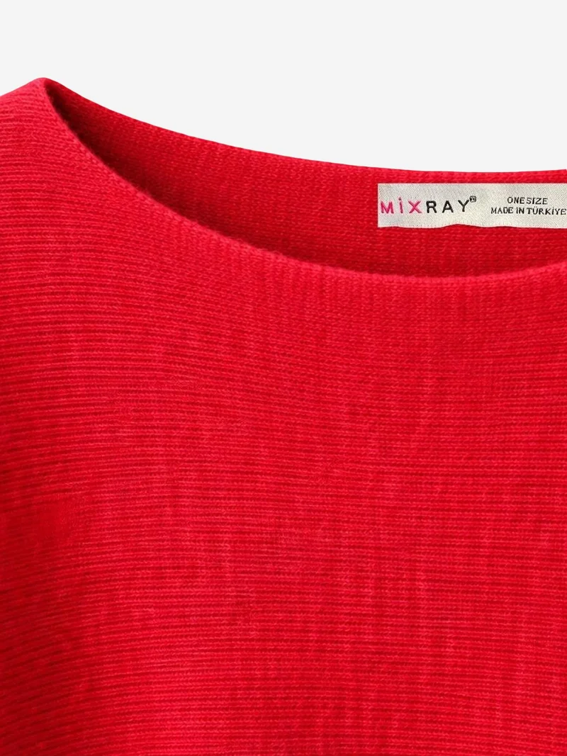 Mixray Red MIXRAY Oversized Boat Neck Ribbed Knit Sweater for Women | Best Price UAE