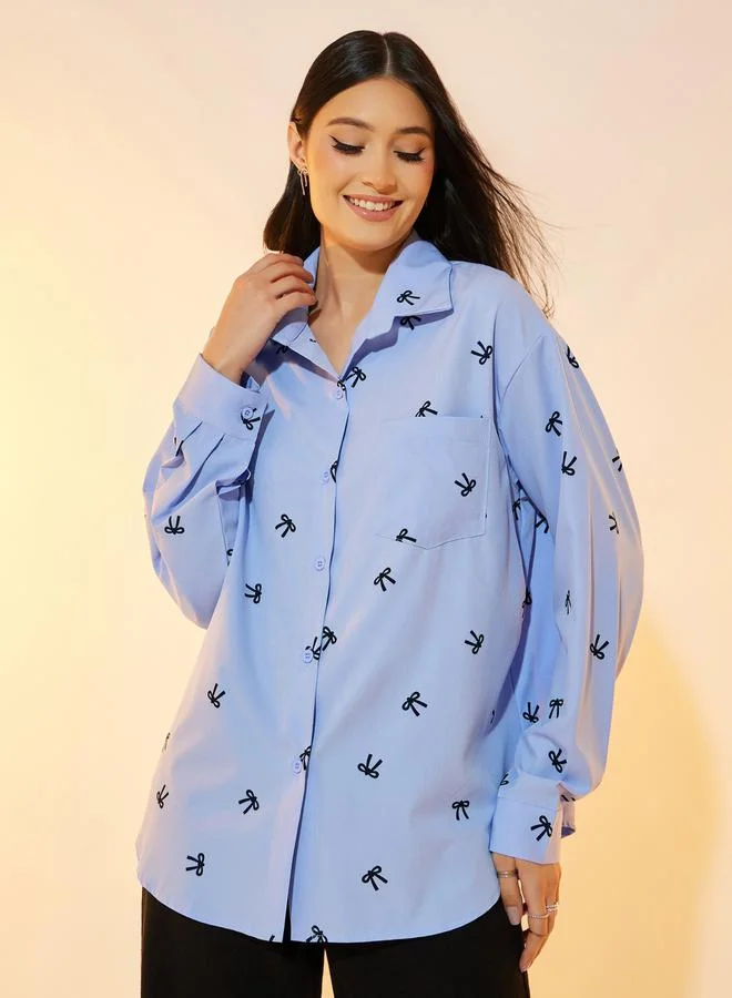 Take Two Bowknot Printed Oversized Shirt