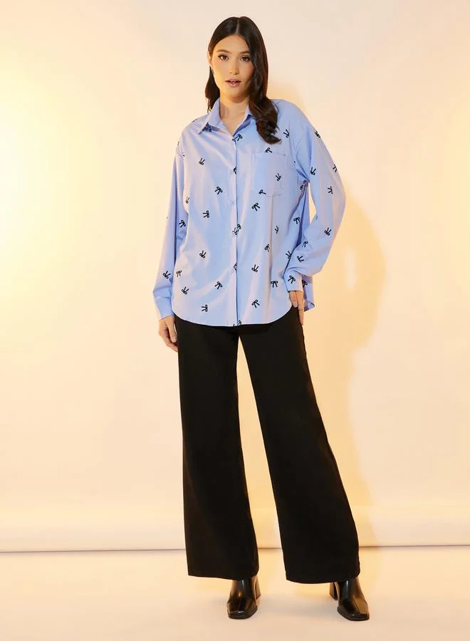 Take Two Bowknot Printed Oversized Shirt