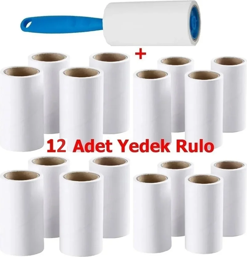 بيزيم ايفدي Adhesive 60 Sheets 12 Pieces Lint Roller 1 piece with handle gift Pet, Clothes, Carpet Fluff Collecting Roller 12 Spare 60 Sheets Fluff Roller
