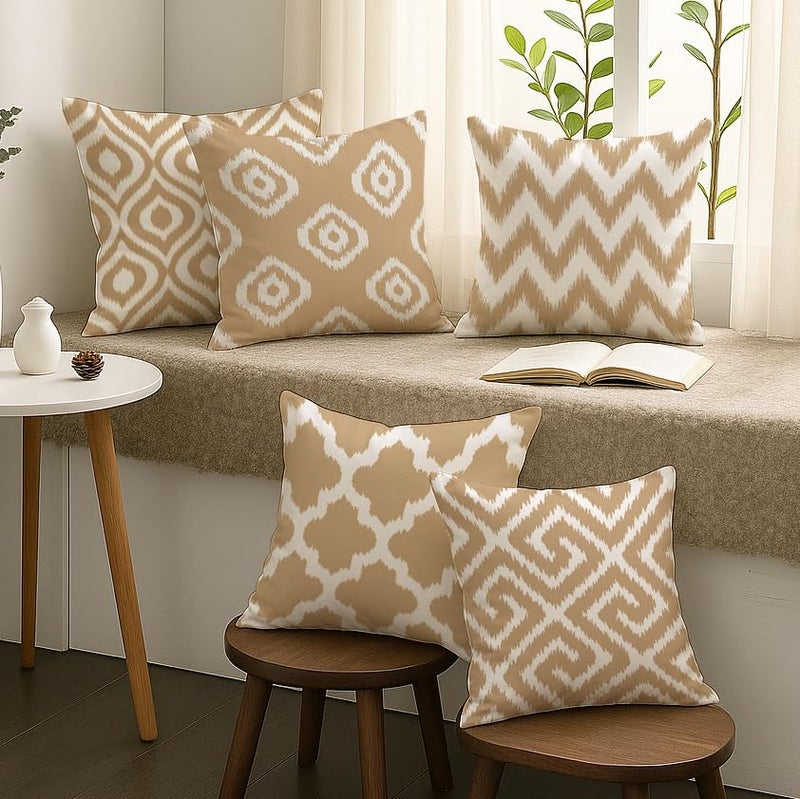 STITCHNEST مجموعة من 5 أغطية وسائد بولي قطن – 18x18 بوصة – طباعة هندسية بيج وأبيض إيكات – أغطية وسائد أنيقة للكنبة وديكور غرفة المعيشة - Image 2
