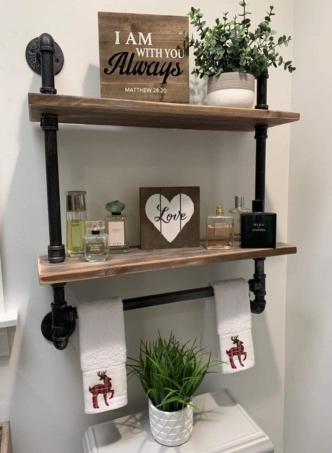 MBQQ Industrial Pipe Shelf Bathroom Shelves Wall Mounted,19.6in Rustic Wood Shelf with Towel Bar,2 Tier Farmhouse Towel Rack Over Toilet,Pipe Shelving Floating Shelves Towel Holder,Retro Grey - Image 1