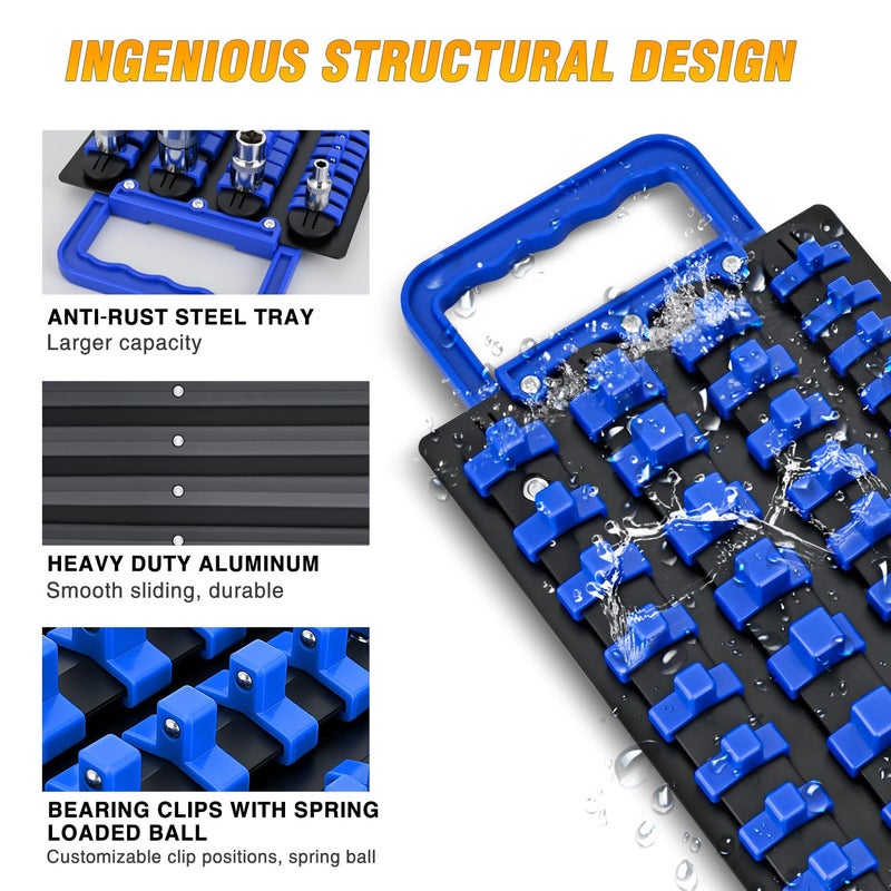 GOOACC Socket Organizer Tray 1/4 inch 3/8 inch 1/2 inch Socket Holder Portable Socket Rail Organizer Trays for Tool Box Drawer Holds 80-Piece SAE Metric Socket Sets, 1Pcs Set Black Rails Blue Clips - Image 3
