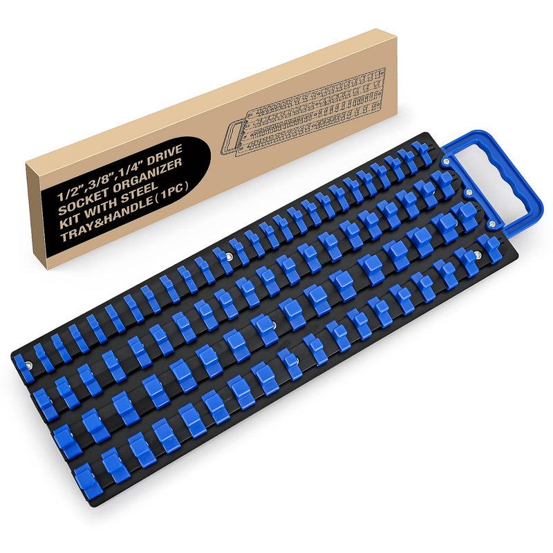 GOOACC Socket Organizer Tray 1/4 inch 3/8 inch 1/2 inch Socket Holder Portable Socket Rail Organizer Trays for Tool Box Drawer Holds 80-Piece SAE Metric Socket Sets, 1Pcs Set Black Rails Blue Clips - Image 1