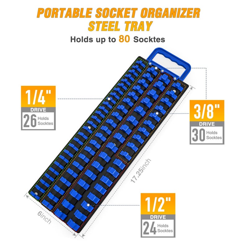 GOOACC Socket Organizer Tray 1/4 inch 3/8 inch 1/2 inch Socket Holder Portable Socket Rail Organizer Trays for Tool Box Drawer Holds 80-Piece SAE Metric Socket Sets, 1Pcs Set Black Rails Blue Clips - Image 2