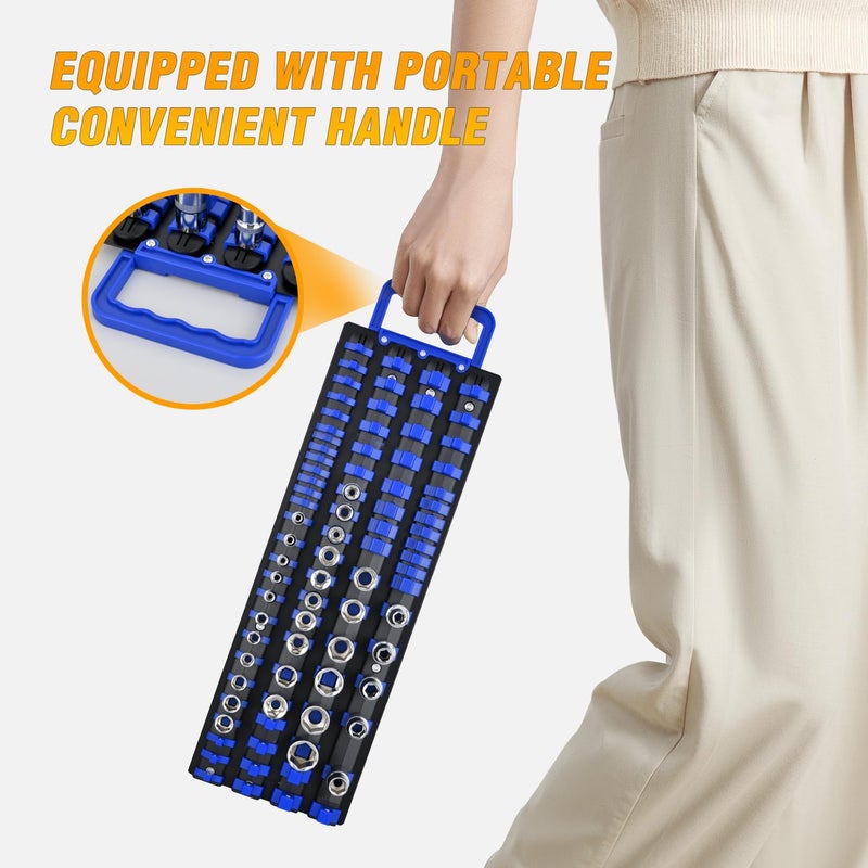 GOOACC Socket Organizer Tray 1/4 inch 3/8 inch 1/2 inch Socket Holder Portable Socket Rail Organizer Trays for Tool Box Drawer Holds 80-Piece SAE Metric Socket Sets, 1Pcs Set Black Rails Blue Clips - Image 5