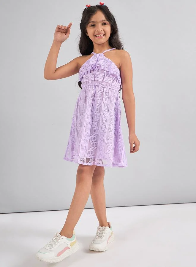 Stylo Bug Girls Lilac Halter Neck Lace Mini Dress