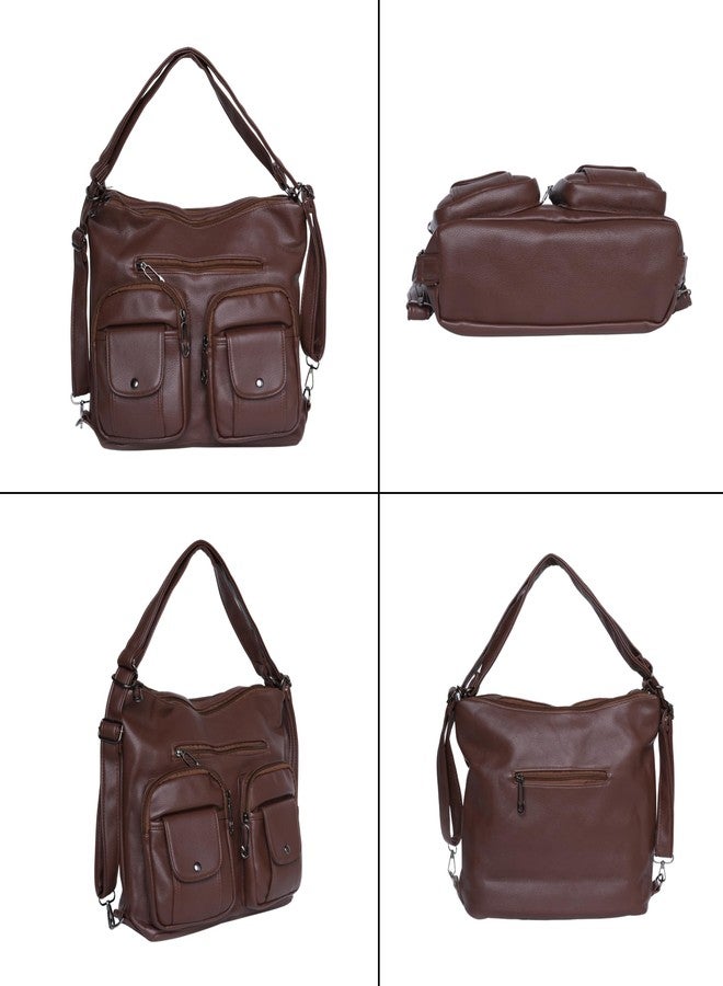 SANTORINI Women’s Handbag 2-in-1 Convertible Shoulder bag & Backpack | Multi-Pocket Bag with Adjustable Strap for Office, college and Daily Use. (Brown) - Image 3