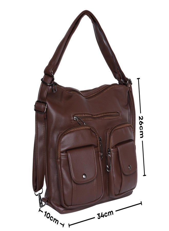 SANTORINI Women’s Handbag 2-in-1 Convertible Shoulder bag & Backpack | Multi-Pocket Bag with Adjustable Strap for Office, college and Daily Use. (Brown) - Image 2