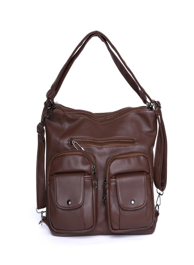 SANTORINI Women’s Handbag 2-in-1 Convertible Shoulder bag & Backpack | Multi-Pocket Bag with Adjustable Strap for Office, college and Daily Use. (Brown) - Image 1
