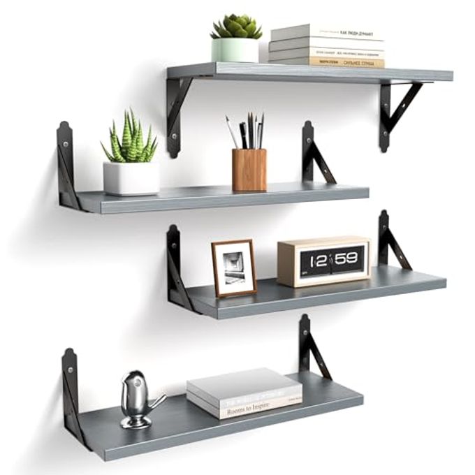 ROMGUAR CRAFT Wood Floating Shelves Set of 4, Rustic Storage Decor Wall Shelves, Wall Mounted Shelf for Living Room, Bedroom 17" x 6", Grey - Image 4