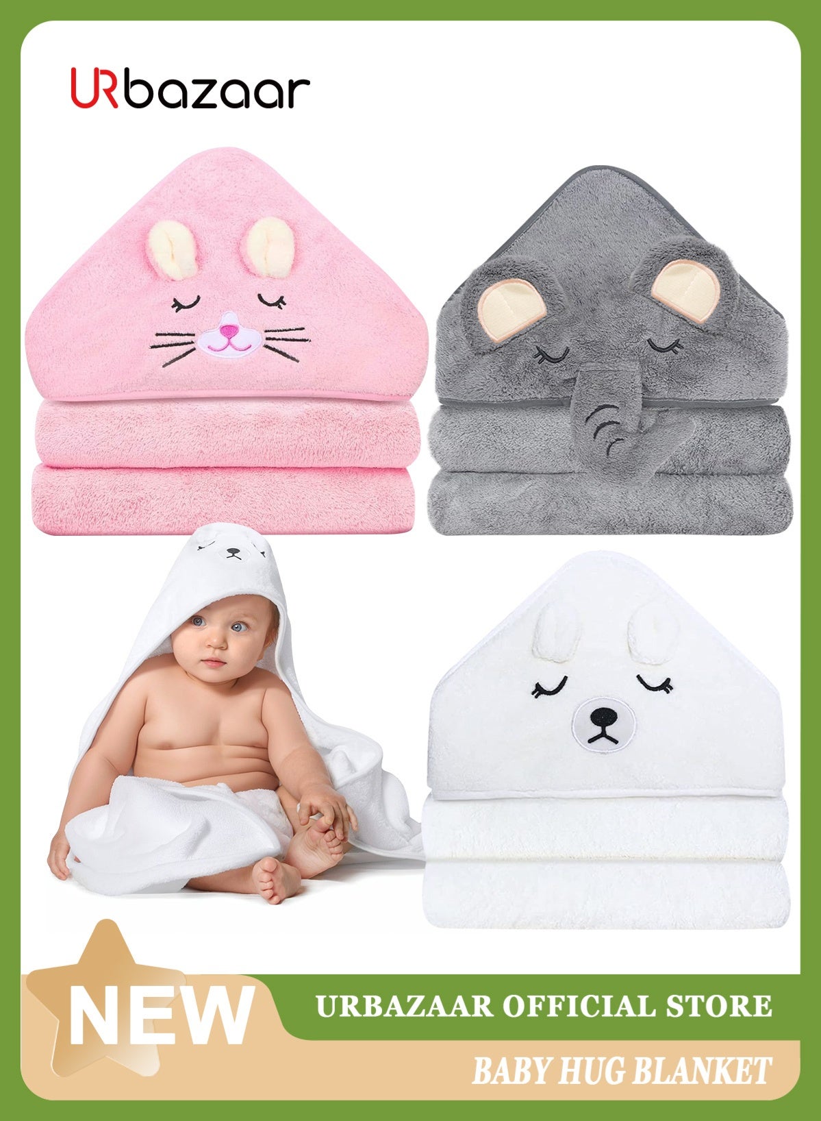 3Pcs Bamboo Hooded Baby Towel,Organic Bamboo Bath Towel for Toddler, Soft and Super Absorbent Washcloth, Machine Washable Towel, Keeps Your Baby Warm & Cosy