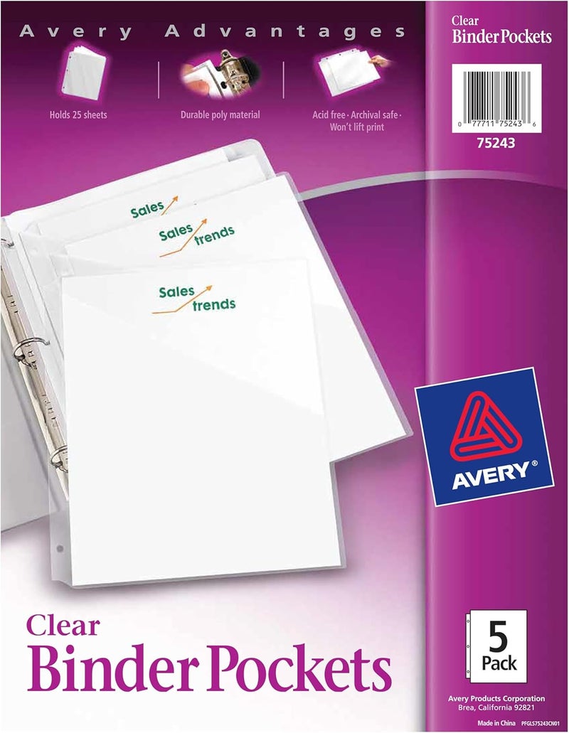 AVERY Binder Pockets for 3 Ring Binders, Clear, 8.5" x 11", Acid-Free and Archival-Safe, 15 Binder Folders Total (3-Pack of 75296) - Image 1