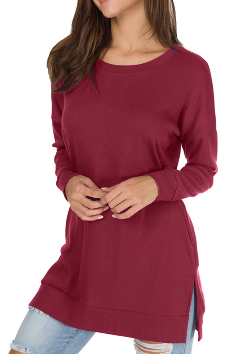 levaca Womens Round Neck Solid Side Split Loose Casual Plus Sweatshirt Wine L - Image 3