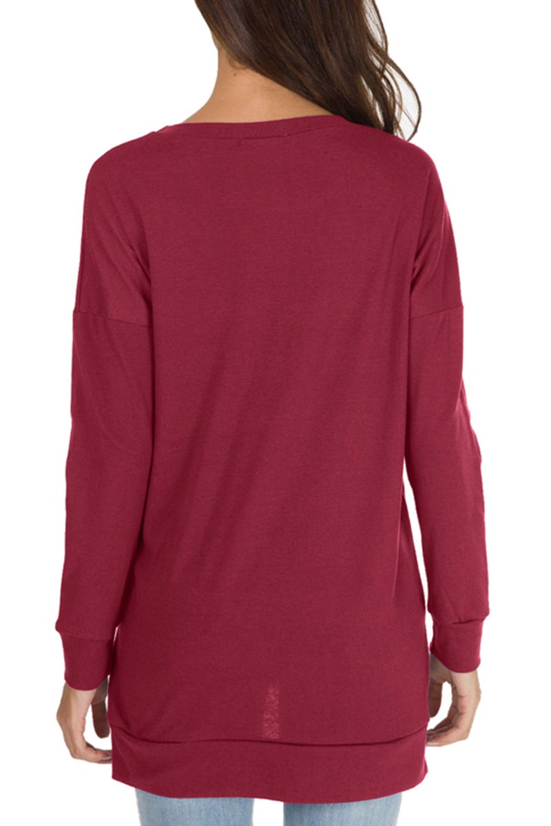 levaca Womens Round Neck Solid Side Split Loose Casual Plus Sweatshirt Wine L - Image 4