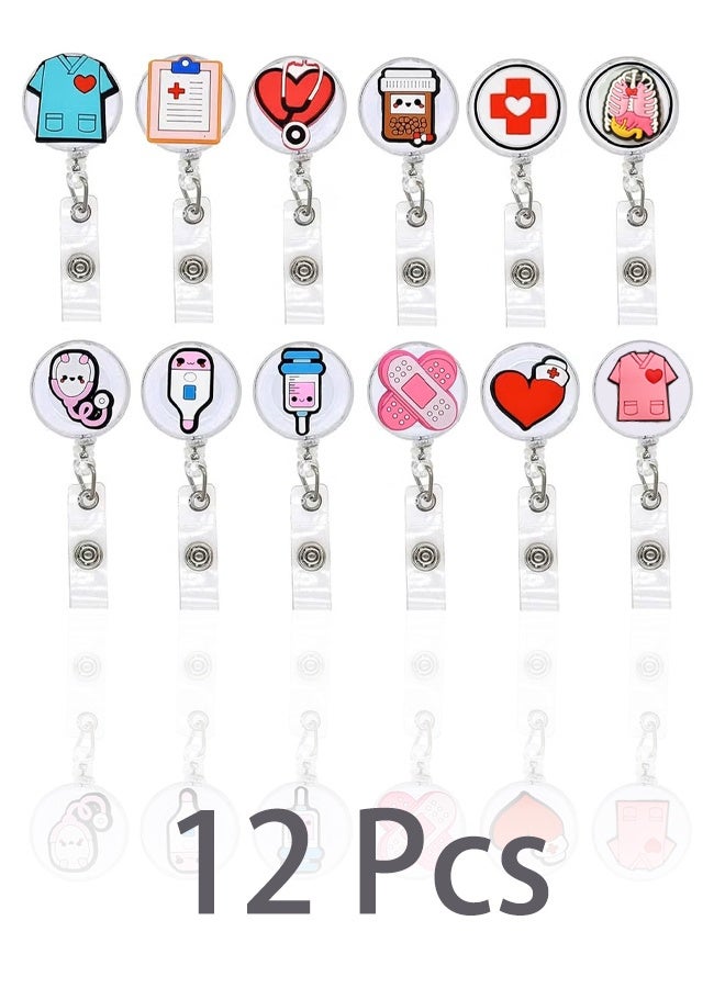 12 PCS Badge Reel Holder, Funny Badge Holder, Nurse Badge Reel Holder, Retractable Nursing Id Badge Reels Clips, Cute Nursing Badge Reel for Nurses Doctor Hospital Office Worker Gifts - Image 1