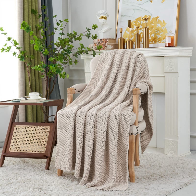 Longhui bedding Chunky Cable Knit Throw Blanket Lightweight Beige 100% Organic Cotton Blanket for Sofa Couch Bed Baby Nursery, Rustic Shabby Chic Modern Farmhouse, 60â€ x 80â€ - Image 3
