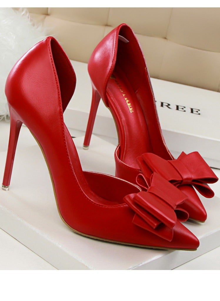 BIGTREE Women's Side Hollow Stiletto Pumps With Bow Knot 10.5 CM Elegant Gorgeous Closed Pointed Toe Slip On Solid High Heels Red  - Image 2