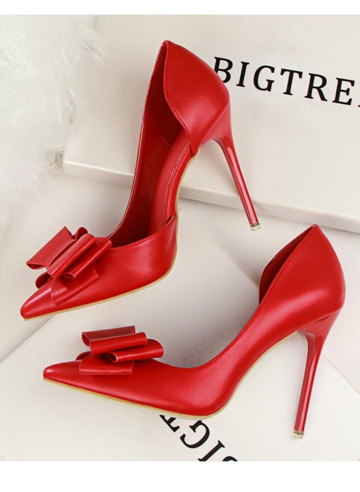 BIGTREE Women's Side Hollow Stiletto Pumps With Bow Knot 10.5 CM Elegant Gorgeous Closed Pointed Toe Slip On Solid High Heels Red  - Image 3