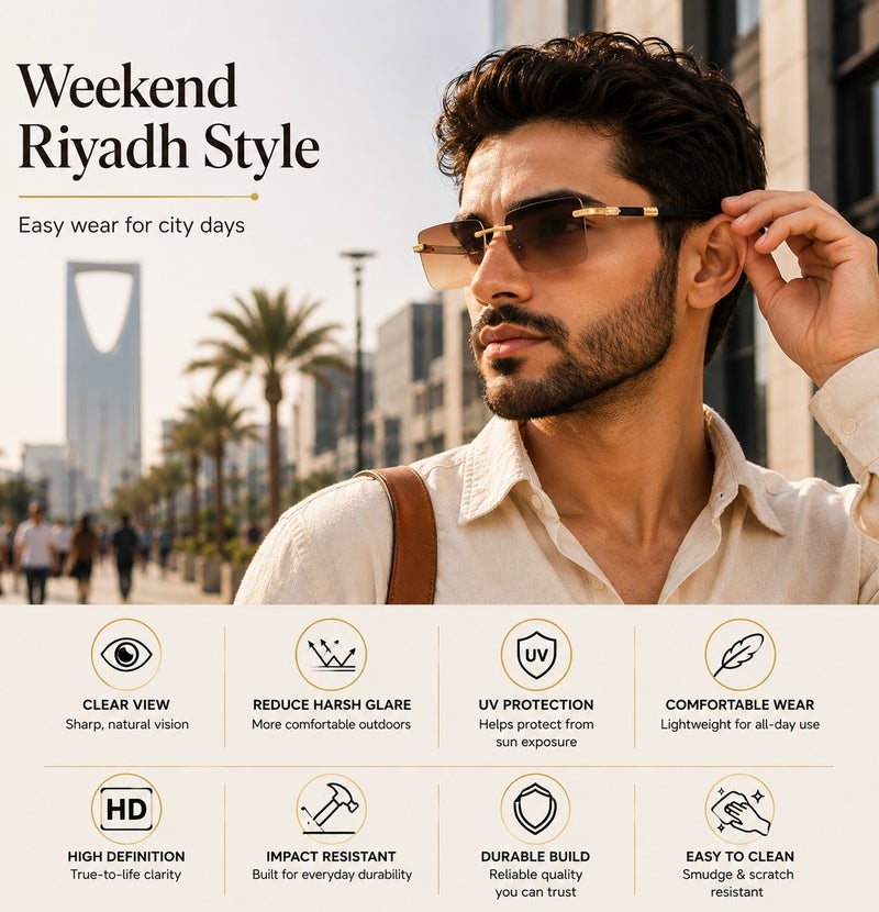 ريترو نظارات شمسية مربعة فاخرة بدون إطار للجنسين، مزينة بلمسات ذهبية، وأذرع سوداء، وعدسات بلون دخاني، بتصميم عصري مستوحى من موضة الهيب هوب، مناسبة للأنشطة الخارجية والحفلات والارتداء اليومي. - Image 2