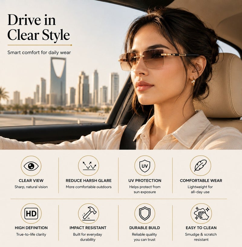 ريترو نظارات شمسية مربعة فاخرة بدون إطار للجنسين، مزينة بلمسات ذهبية، وأذرع سوداء، وعدسات بلون دخاني، بتصميم عصري مستوحى من موضة الهيب هوب، مناسبة للأنشطة الخارجية والحفلات والارتداء اليومي. - Image 4