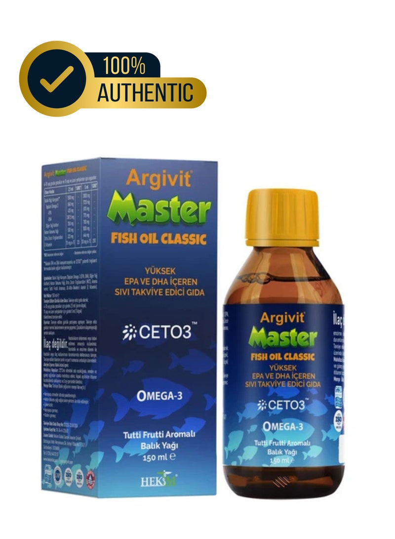Argivit Master High Potency Omega-3 Liquid Fish Oil 150ml - EPA 870mg & DHA 775mg Supplement with Vitamin E & Flaxseed Oil (Tutti Frutti Flavor) - Image 1