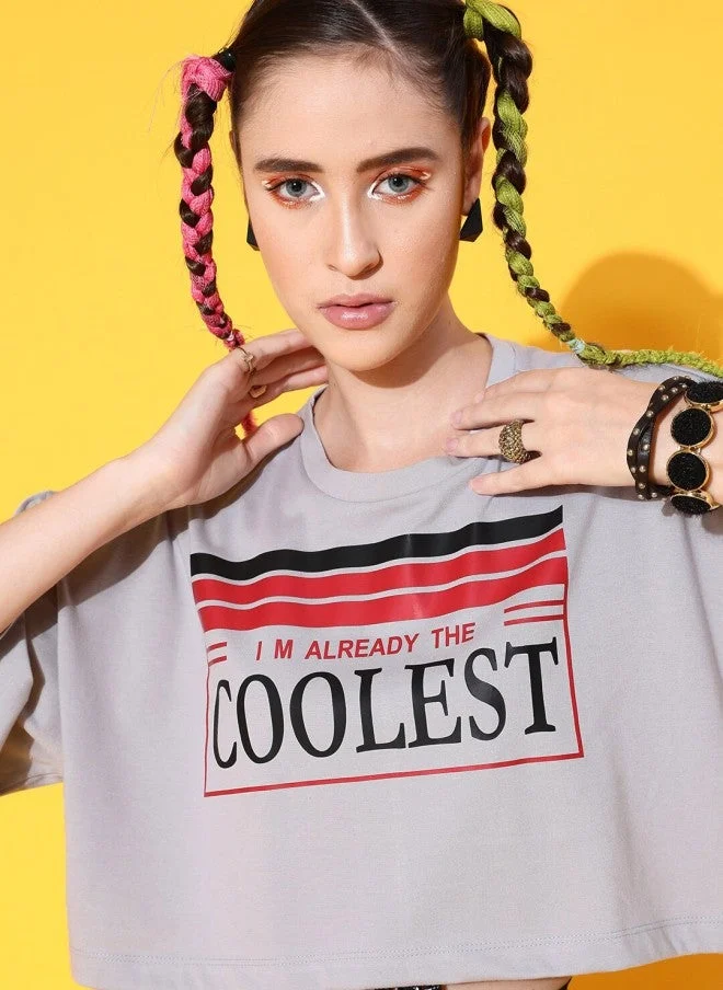 Grey Printed Crop T-Shirt for Women