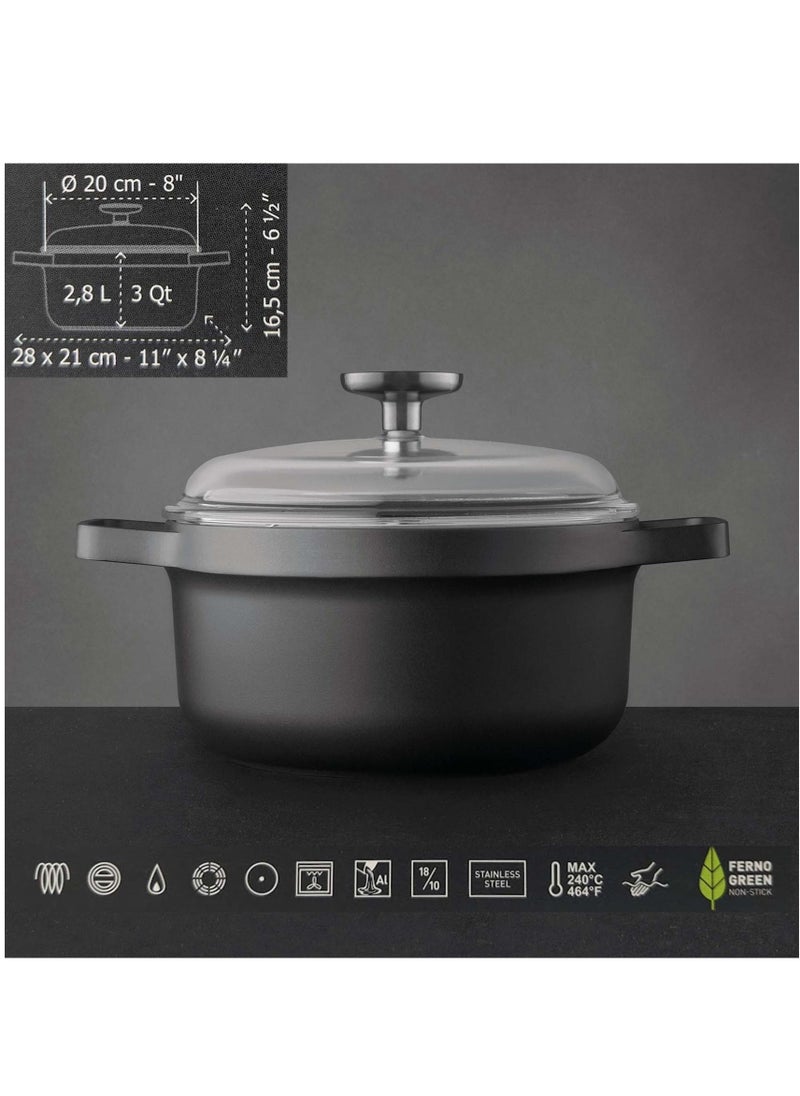 Berghoff Berghoff Gem Aluminium Casserole With Lid Suitable for all hobs, including induction Black/Clear 20centimeter 2.8 ltr  - Image 5